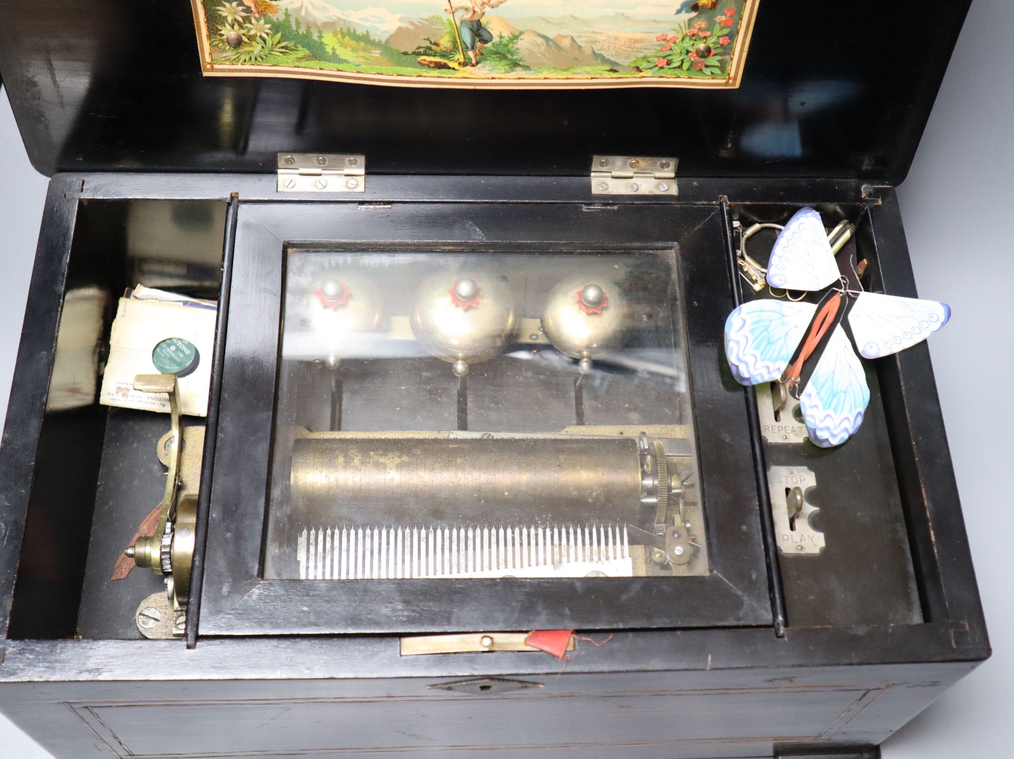 A late 19th century Swiss eight air music box, cylinder length 15.5cm, case length 41.5cm